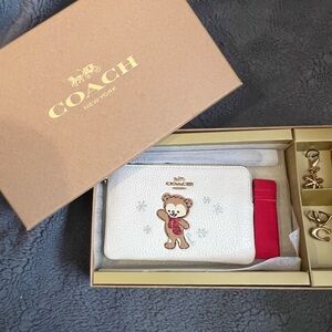 Coach White Wristlet with Bear and Red Scarf